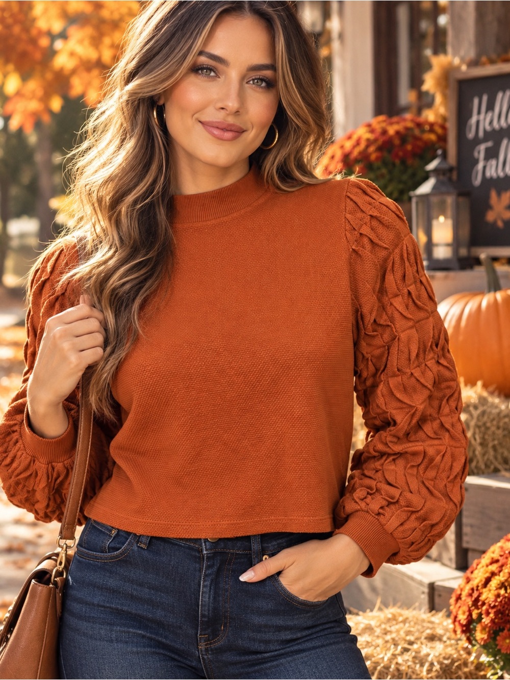 KRONNE Burnt Orange Sweater Small Textured Puff Balloon Sleeve